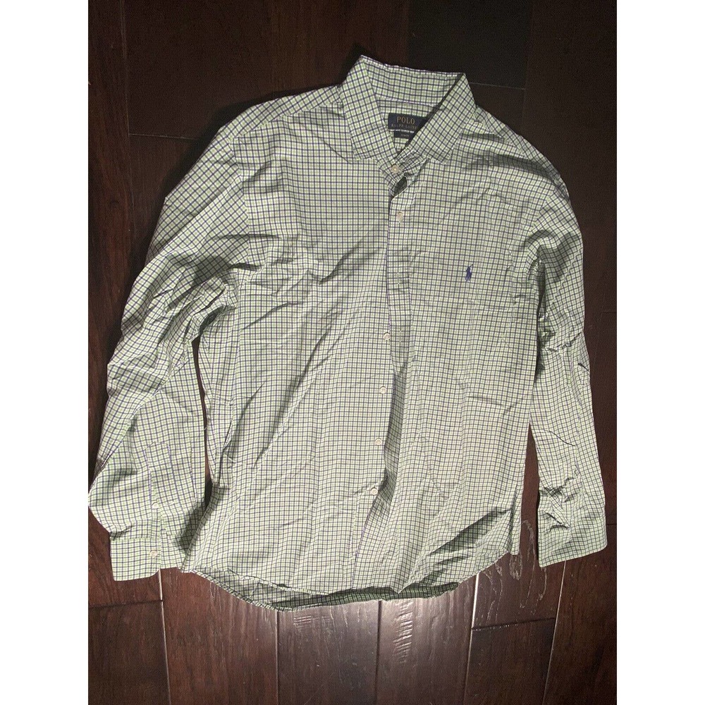 Polo Ralph Lauren Men's XL Custom Fit Plaid Green Blue White Button Down Shirt
